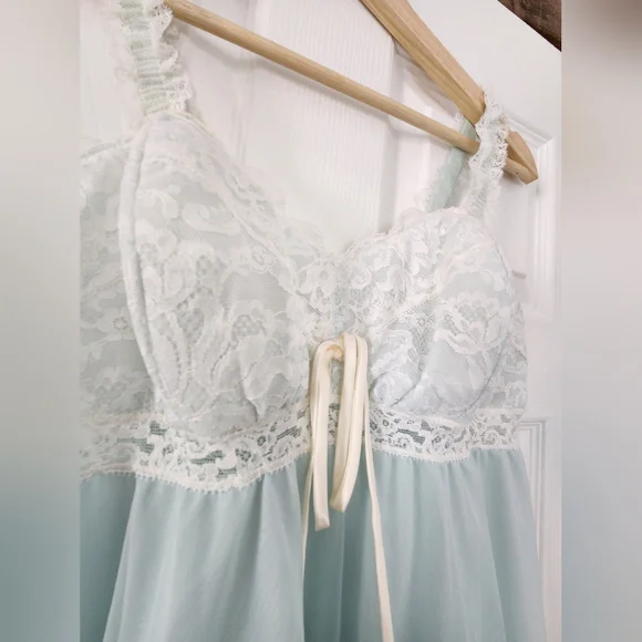 1960s Olga Light Blue Chiffon Nylon Nightgown | Vintage 60s Babydoll Nightdress - Picture 4 of 6